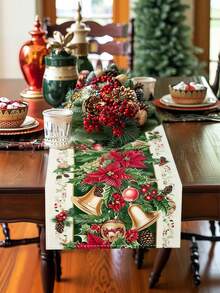 1PC Festive Charm, Christmas Cheer Table Runner - Red Flowers, Bells & Tree Design | Polyester, Rectangular | Ideal For Holiday Decor, Family Gatherings & Kitchen Festivities - Ginger - View 5