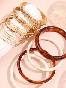 15pcs/Set Fashionable Luxurious High-End Personalized Shiny Light Luxury Vintage Resin Amber Ivory Metal Rhinestone Bracelet Set For Women Daily Wear Holiday Party - Multicolor - View 6