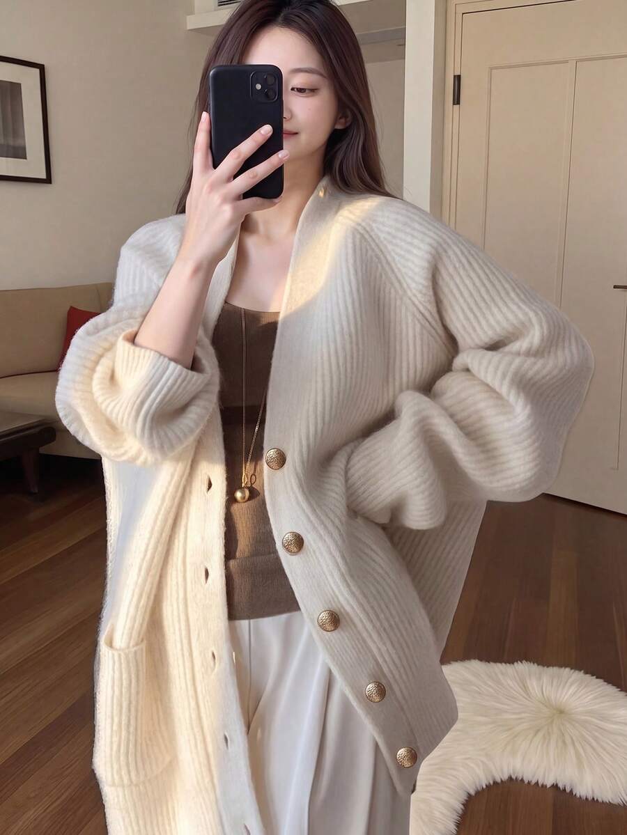 Alicedudu Women's Slim Vertical Striped Textured Minimalist Cardigan Sweater, Autumn/Winter - Apricot - View 1