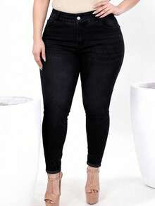 Plus Size High Stretch Butt Lifting Skinny Jeans For Women, Fall/Winter High Waisted Black Denim Slimming Pants - Black - View 5