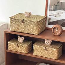 1pc Vintage Straw Woven Storage Box With Lid, Bear Decoration, Handmade Woven Organizer Bin For Bedroom Desktop, Cosmetics And Sundries, Home Decor - Multicolor - View 5