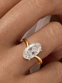1pc 18K Gold Plated Luxury White Gemstone Ring, Oval Center Stone Ring, Twisted Cross Band, Exquisite Holiday Party Gift For Women - Yellow Gold - View 8