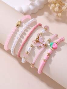6pcs/Set Girls Strawberry, Pearl, Butterfly, Heart Beaded Bracelet Set - Multicolor - View 9