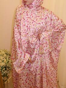 Women's Floral Print Abaya Set With Matching Hijab, Elegant Batwing Sleeve Long Dress, Modest Muslim Dubai Islamic Robe, Suitable For Daily Wear And Party - Multicolor - View 21
