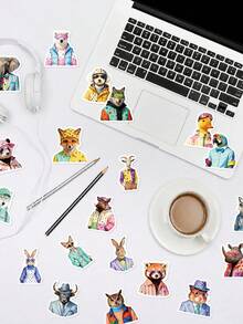 56Pcs PP Animal Stickers, Fashion Cool Animal Style, Including Tiger, Leopard, Zebra, Corgi, HPolka Dot Shirt, Rainbow Outfit Elements, For Journal Collage, Water Bottle, Luggage, Skateboard, Tablet, Notebook, Storage Box, DIY Craft Decor - Multicolor - View 3