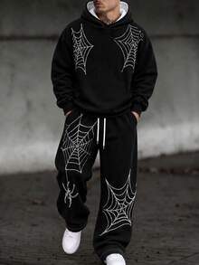 Zrgoth Subculture Dark Streetwear Men's 2 Pieces Set, Shiny Faux Rhinestone Spider Web All-Over Print Hoodie + Loose Wide Leg Sweatpants Gothic Outfit - Black - View 2