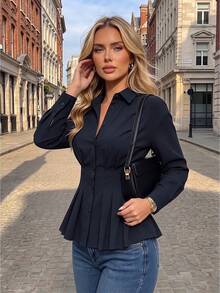 Da Jade Women's Autumn Elegant French Casual Vintage Turn Collar Front Button Ruched Waist Ruffle Long Sleeve Blouse, Suitable For Daily Outings, City Walks, Weekend Travel - Navy Blue - View 2