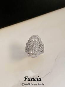 1pc Vintage Cubic Zirconia Hollow Flower Open Copper Alloy Ring, Suitable For Women's Party And Gathering - Silver - View 1