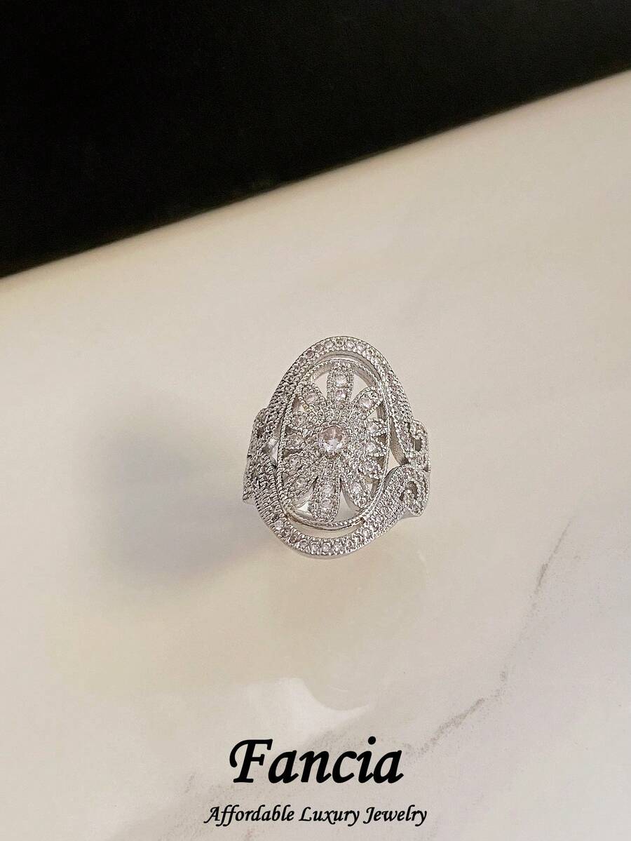 1pc Vintage Cubic Zirconia Hollow Flower Open Copper Alloy Ring, Suitable For Women's Party And Gathering - Silver - View 1