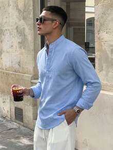 WAIT HIM Men's Henley Collar Plaid Long Sleeve Shirt - Blue and White - View 3