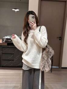 Women's White Knitted Fabric Pullover Long Sleeve Regular Fit Sweater For Winter And Fall Outfits, Cozy & Stylish - White - View 2