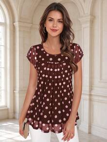CheersLife Women's Short Sleeve Ruffle Hem Floral Print Blouse Vacation Summer - Burgundy - View 1