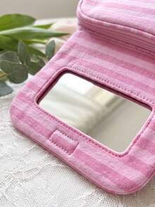 1pc Cute Zipper Cosmetic Bag With Mirror Striped Polka Dot Makeup Pouch Portable Toiletry Storage Bag Aesthetic Small Coin Wallet For Daily & Travel - Multicolor - View 3