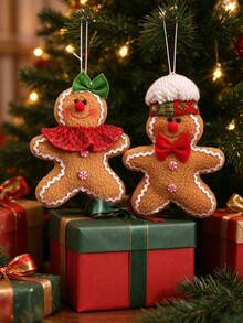 1/2Pcs Gingerbread Man Christmas Ornaments, Soft Plush Gingerbread Hanging DecorXmas Tree Pendant With Bowknot, Holiday Home Party DecorKids Gift - Multicolor - View 3