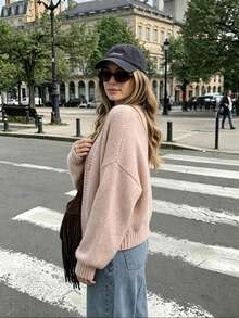Women's Comfortable Pink Button Cardigan Long Sleeve Medium Stretch Polyester Knit Fabric Ideal For Autumn/Winter - Pink - View 5