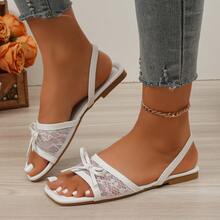New Elastic Band Elegant Lace Mesh Bowknot Decor Slip-On Round Toe Flat Sandals Women's Summer Vacation Beach Sandals - White - View 15