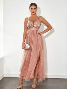 Joyfunear Women's Sequin Contrast Mesh Slip Dress Party Elegant Summer - Champagne - View 1