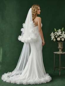 1pc Double Layer White Tulle Flower Bridal Veil, Floor Length Small Train Cathedral Veil, Romantic Wedding Photoshoot Headpiece - White - View 2