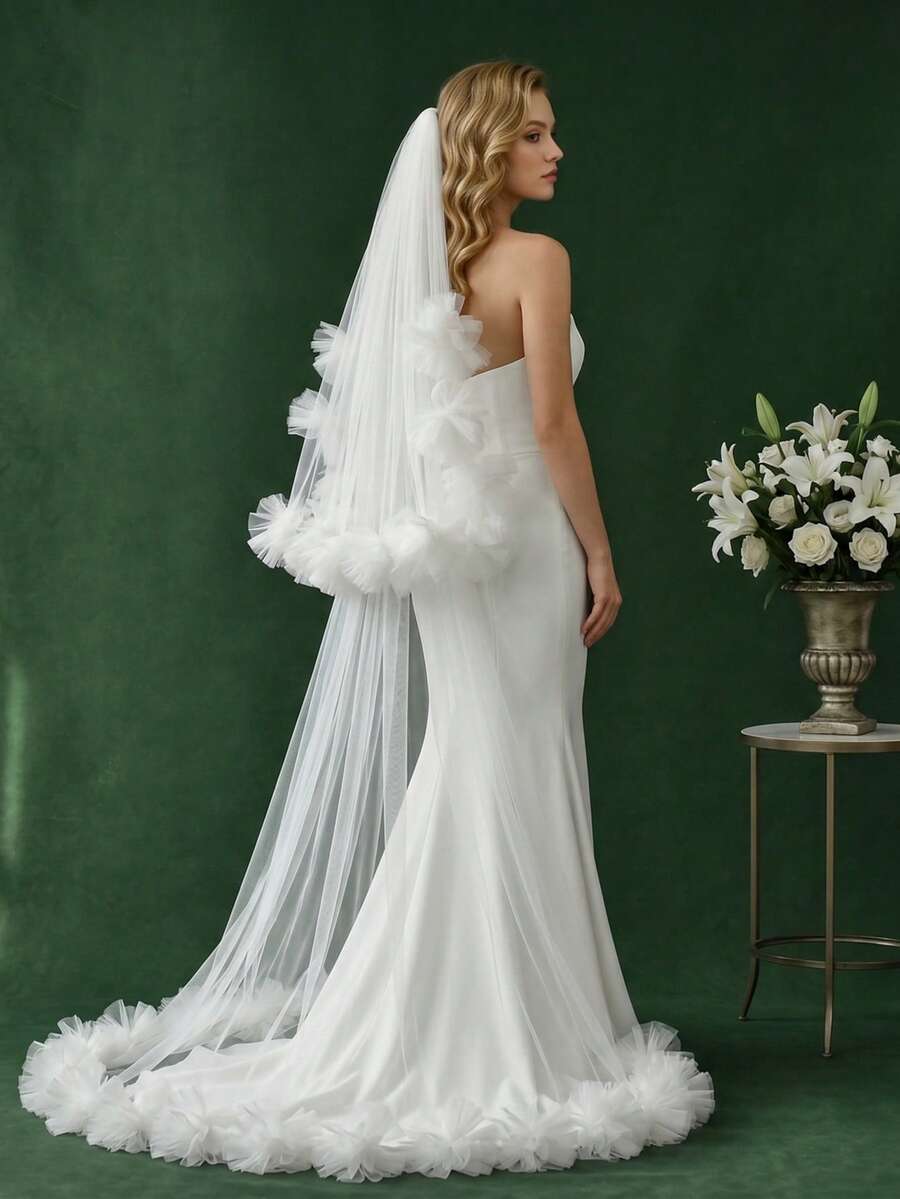 1pc Double Layer White Tulle Flower Bridal Veil, Floor Length Small Train Cathedral Veil, Romantic Wedding Photoshoot Headpiece