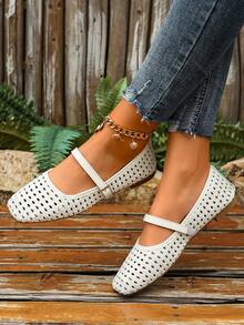Women's Hollow Woven Square Toe Flat Shoes With Single Strap Buckle, Breathable Low Vamp Loafers - White - View 2