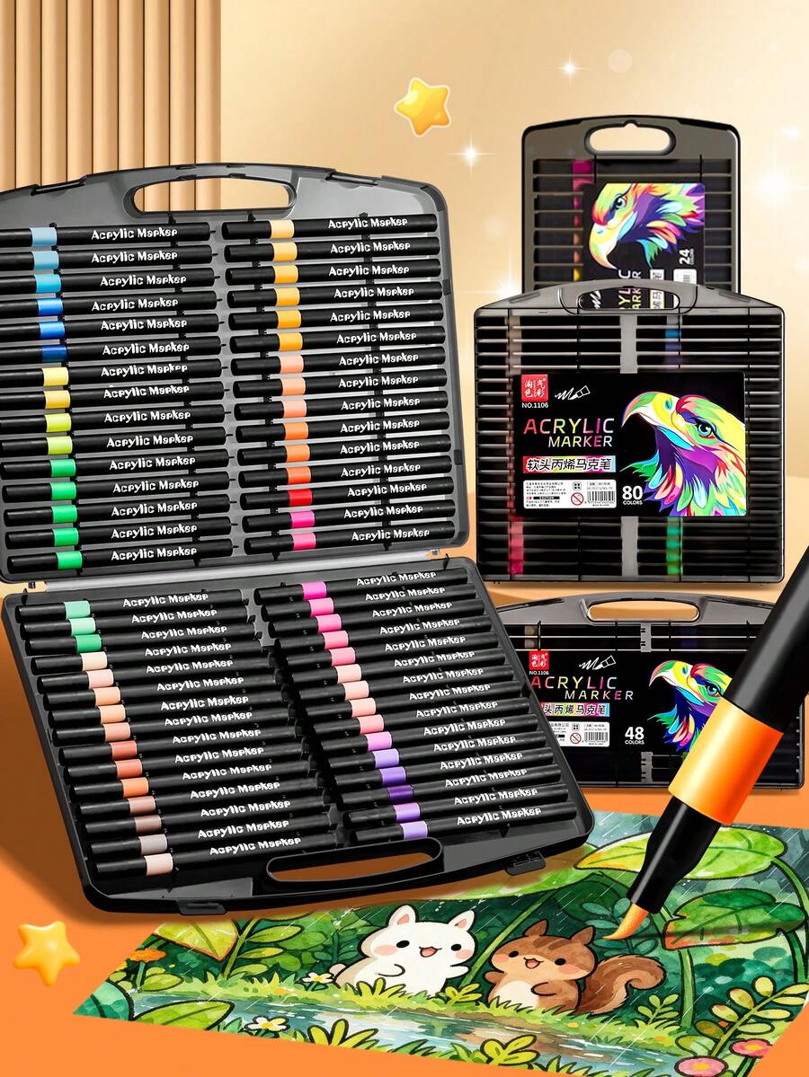 12/24/36/48/60/80 Colors Vibrant Acrylic Marker Set, Multi-Surface Art Painting Pens, Adjustable Line Thickness, Suitable For DIY Crafts, Stone Painting And Canvas Art, Perfect For Artists And Creative Enthusiasts, Back To School Season