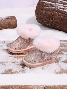 Toddler Girls Glitter Snow Boots, Cute Bow & Rhinestone Decor Fuzzy Collar Warm Fleece Lining Winter Short Princess Ankle Boots, Soft Sole - Pink - View 4