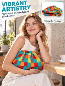 Fashionable New Pleated Plaid Cloud Clasp Clutch Bag, Large Capacity Makeup Bag, Lightweight Foldable Suitable For Daily Work, Makeup, Party, Vacation, Holiday Gift - Multicolor - View 10