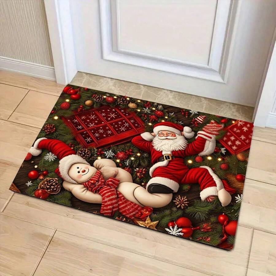 1pc New Christmas Best Seller - Holiday Decoration - Christmas Gift - Santa Claus & Snowman Pattern Floor Mat, Suitable For Living Room, Bedroom, Indoor - Machine Washable - Flannel Material, Soft & Delicate, Skin-Friendly, Pill-Resistant, Easy Care, Odorless - Perfect For Home Decor, Room Decor, Living Room Rug, Bedroom Rug, Bathroom Rug, Kitchen Rug, Area Rug, Hotel Decor - Area Rug, All Season - Multicolor - View 1