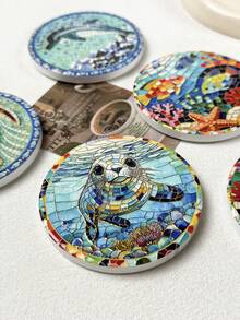 1pc Ocean Landscape Animal Fish Turtle Dolphin Seal Pattern Mosaic Art Style Gold Foil Embossed Ceramic Refrigerator Magnet, Suitable For Home Decor, Refrigerator, Daily Use And Holiday Birthday Gift, Mediterranean Cultural Creative - Round Ocean Landscape Design - View 4
