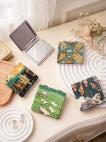 1PC Ins Anime Series Portable Vanity Mirror, Foldable Lightweight Ultra-Thin Convenient Hand Mirror, PU Leather, Suitable For Multiple Scenarios And All People, Foldable Small Square Mirror, Pocket Mirror, Cartoon Cat Grassland Sky Koi Printed Pattern Design, Exquisite Handheld 180° Flip Cover Multi-Function Mini Mirror - Multicolor - View 1