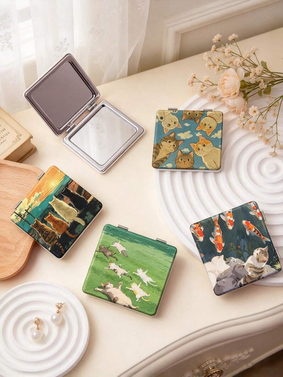 1PC Ins Anime Series Portable Vanity Mirror, Foldable Lightweight Ultra-Thin Convenient Hand Mirror, PU Leather, Suitable For Multiple Scenarios And All People, Foldable Small Square Mirror, Pocket Mirror, Cartoon Cat Grassland Sky Koi Printed Pattern Design, Exquisite Handheld 180° Flip Cover Multi-Function Mini Mirror - Multicolor - View 1