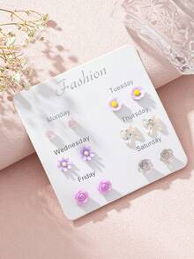 6 Pairs Purple Tone Stud Earrings Set, Bow, Rose, Daisy Mixed Fresh Combination Earrings, Women's Jewelry For Daily Wear, Party, Gathering, Gift - Mauve Purple - View 2