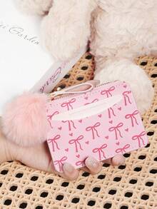 Fashionable Bow Printed Zipper Card Bag, Adorned With A Delicate Pom-Pom, Large Capacity Credit Card Package, Suitable For Outdoor Use - Hot Pink - View 9