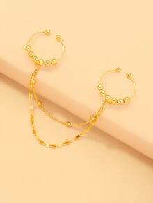 1pc Multi-Layer Chain Double Finger Connected Ring, Gold Bead Decorated Exquisite Double Finger Linked Chain Ring, Daily Casual Party Wear Accessory - Rhinestones - View 7