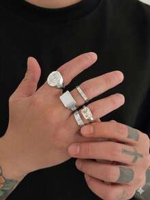 5pcs Vintage Multi-Layer Gold Coin Seal Ring Set, Luxury Rhinestone Index Finger Ring, Versatile Stackable Jewelry For Men - Silver - View 3