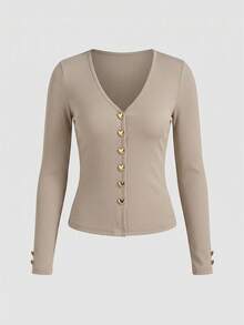 PoPoHouse Women's Fall Winter Designed Sexy V-Neck Long Sleeve Ribbed T-Shirt, Heart Button Decor Inner Base Top For Daily Commute - Khaki - View 5