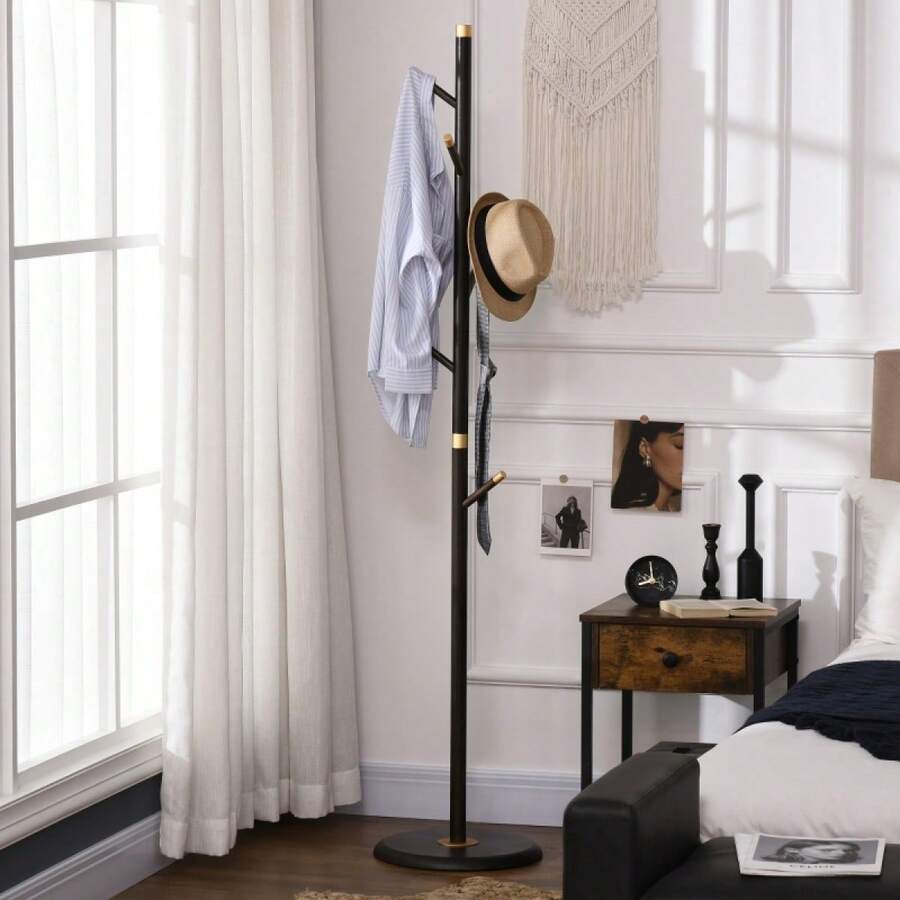 Vintage Coat Rack Stand Freestanding Hall Tree With 6 Hooks Frame Entryway Hallway Bedroom Walnut - 1 - View 1