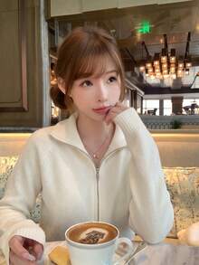 Autumn/Winter Casual Versatile Solid Color Cardigan - Milky White - View 1