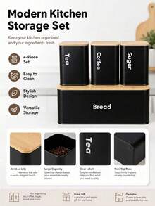 Kitchen Food Storage Canister Set, Bread Box Set,Tea Coffee Sugar Jars With Bamboo Lids, Metal Airtight Containers & Bread Bin, Space Saving Countertop Food Storage Organizer For Pantry, Easy To Clean,2 Styles Optional - View 6