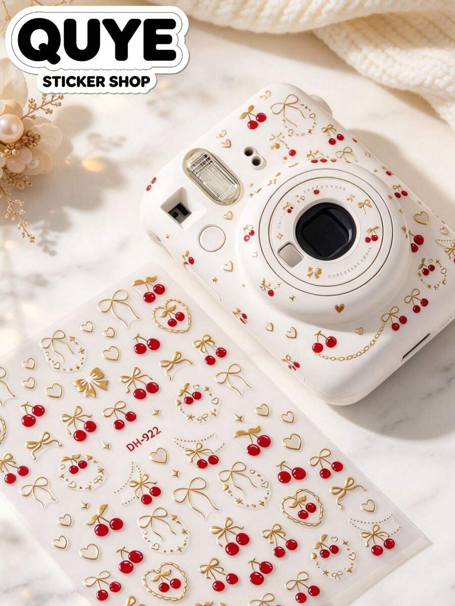 1 Set Decorative Stickers, Strawberry And Cherry Pattern With Gold Outline, Stickers, Planner Supplies, Used For Decorating Various Daily Items
