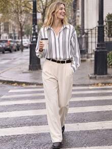 Non-Stretch White Striped Women's Long Sleeve Casual Dress Shirts For Office Daily Work Wear - White - View 5