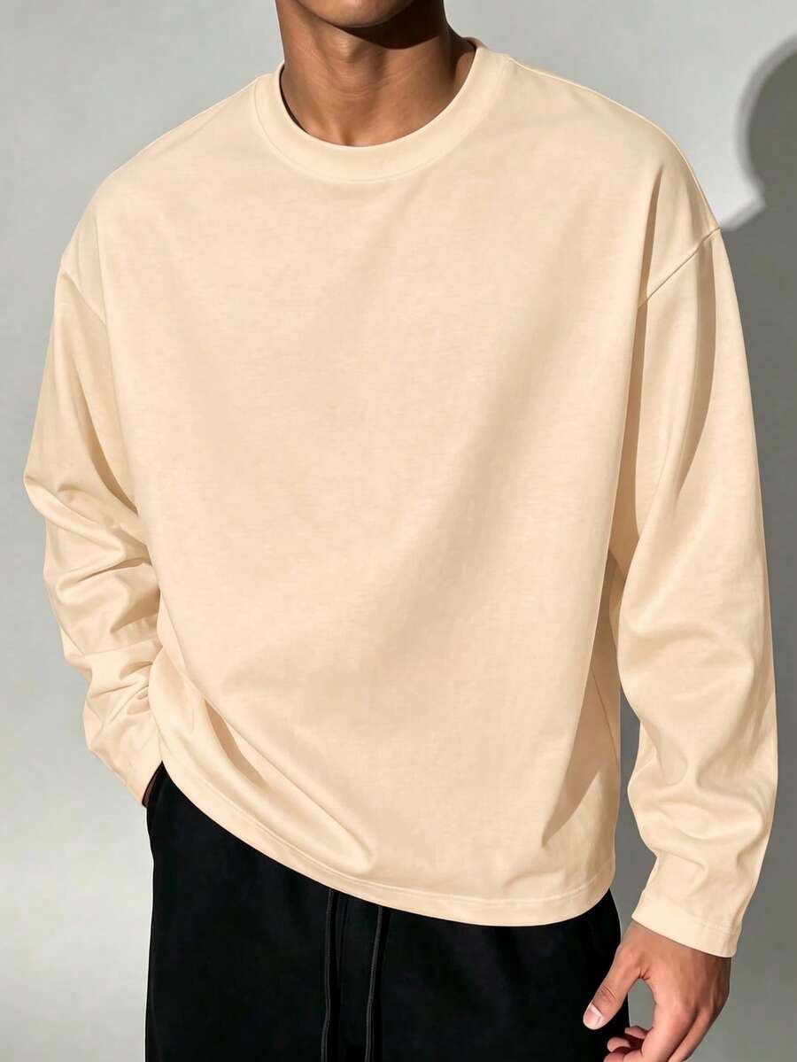Men's Classic Solid Color Crew Neck Long Sleeve T-Shirt, All-Season Wear, Essential Autumn/Winter Wardrobe
