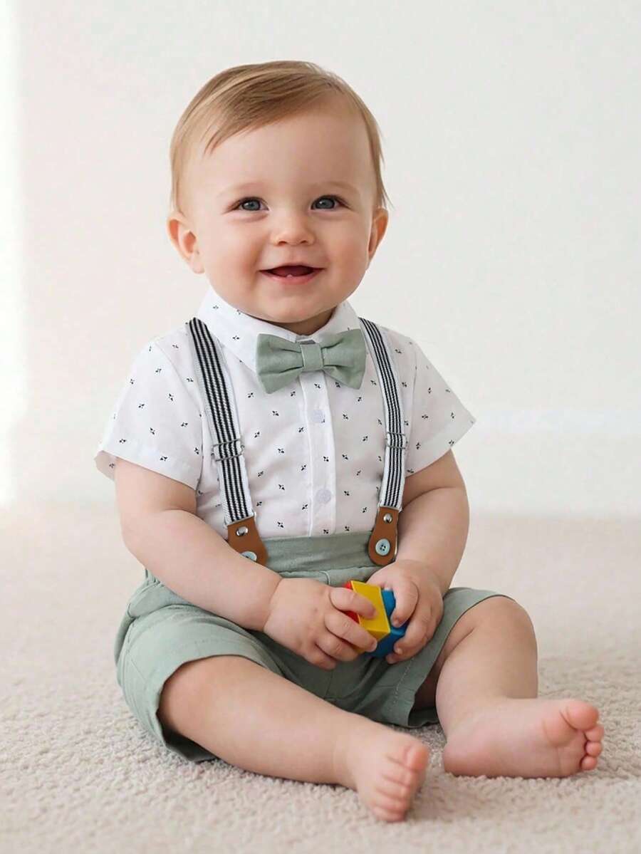 BOARNSEORL 2pcs Baby Boys Gentleman Outfit Set: Short Sleeve Collared Shirt With Bow Tie And Overalls Shorts, Fashionable For Birthday Party, Wedding, Summer - Green - View 1