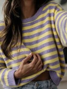 Sookaug Women's Dopamine Color Block Purple & Yellow Striped Pullover Sweater, Early Autumn Sweet Round Neck Long Sleeve Loose Knit Top, Striped Knit Pullover, Regular Fit Ribbed Knit Top, Medium Stretch Comfortable Outfit For Autumn/Winter - Multicolor - View 2