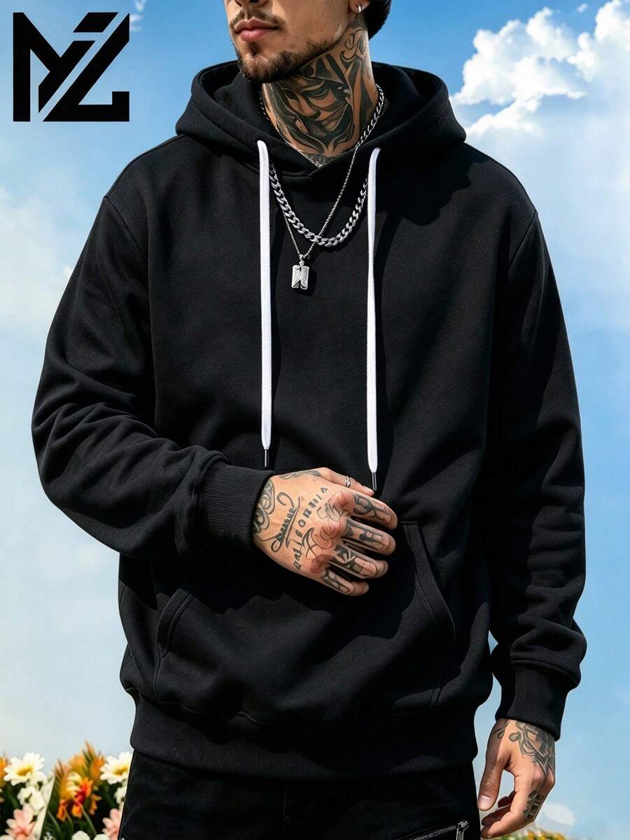 Men's Zip-Up Hoodie Sweatshirt, Sports Top, Regular Fit, Dropped Shoulder, Black Jacket With Kangaroo Pocket, Long Sleeve Pullover, Minimalist Basic Style, Fitness Wear, Outdoor Hoodie, Beachwear, Winter Coat, Daily Commute, Spring/Autumn Top, Men's Gift - Black - View 1