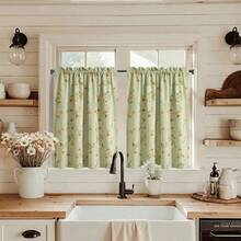 2pcs French Fresh Floral Short Curtains, Kitchen Rod-Pocket Half Curtains, Bay Window Small Window Blackout Curtains, Room Divider Curtains - Green - View 2