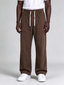 Brown Corduroy Drawstring Wide Leg Casual Pants, Elastic Waist American Retro Loose Straight Leg Long Pants For Men - Brown - View 3