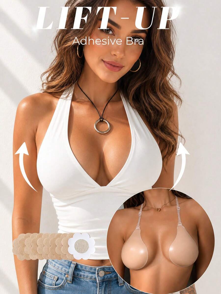 1 Set/10pcs Women's Silicone Back Support Bra, Invisible Shoulder Straps, Lifting Breast Pads, Adhesive Nipple Covers, Suitable For Various Occasions Lingerie Accessories - Multicolor - View 1