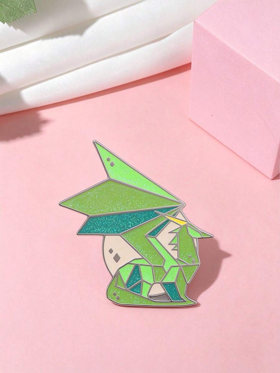 1 Pc Glitter Green Geometric Origami Pterosaur Enamel Pin, Polygon Winged Dinosaur Lapel Brooch For Backpack Jacket Clothing Decoration Gift