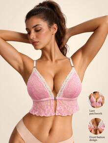 Women's Fashion Sweet Pink Lace Deep V Front Split Triangle Cup Adjustable Spaghetti Strap Backless Bra - Pink - View 1